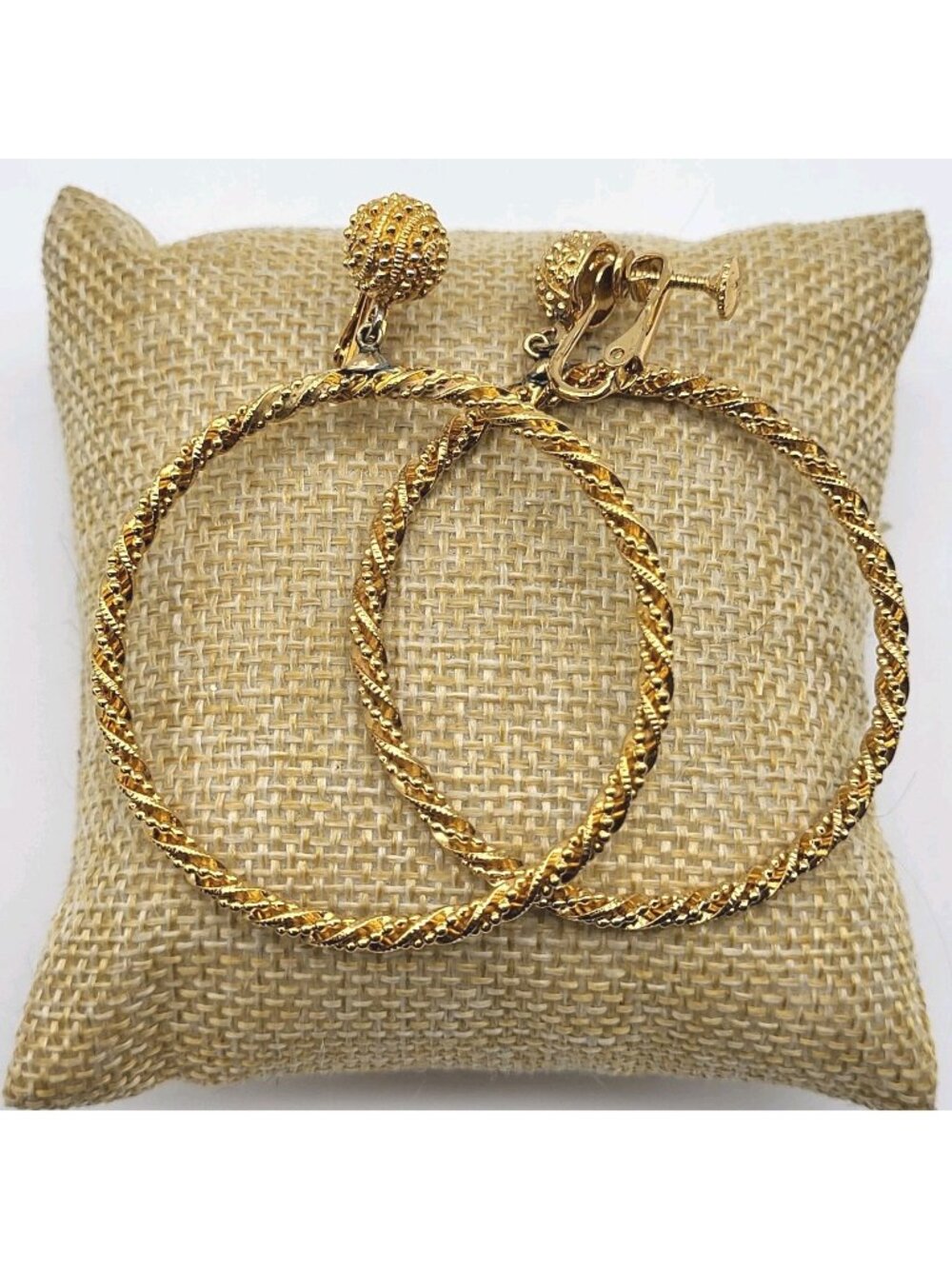 Vendome Large Goldtone Textured Rope Hoop Dangle Clip Earrings Screwback Bold